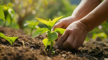 Nurturing Growth Hands Tending to a Young Plant in a Natural Setting Capturing the Essence of Sustainability Generative ai