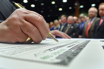 A person signing an important document with a golden pen