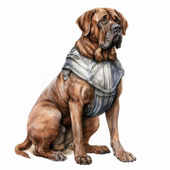 A regal mastiff dog adorned with a protective armor suit, depicted in a stunning watercolor painting, showcasing the strength and nobility of the breed. - obrazy, fototapety, plakaty