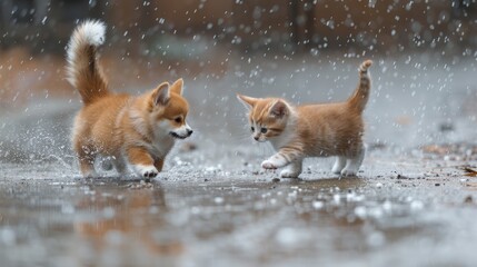A puppy and a kitten meet in the rain