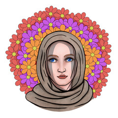 Portrait of a girl with blue eyes, wearing a headscarf, against a background of red, orange and lilac flowers.