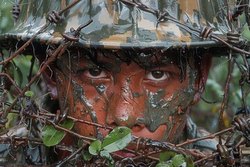 A soldier with a face full of mud and barbed wire wrapped around his helmet stares into the camera. - obrazy, fototapety, plakaty