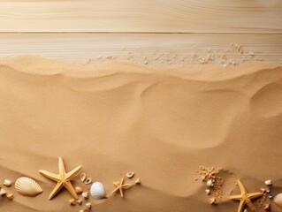 Fototapeta na wymiar Beach sand and gold wooden background with copy space for summer vacation concept, text on the right side