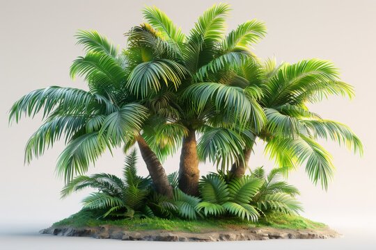 A small island with palm trees and ferns on a white background