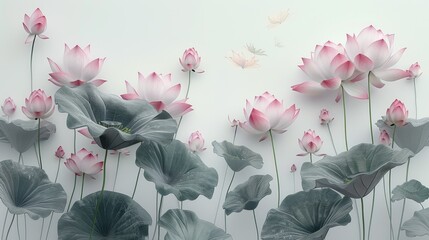 A watercolor painting of pink and white lotus flowers with green leaves on a white background. - obrazy, fototapety, plakaty