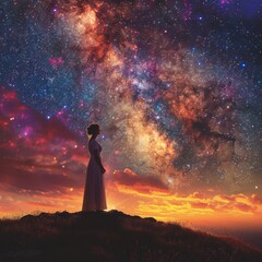 A woman standing on a hilltop, looking up at the starry night sky.