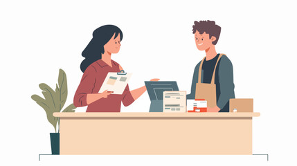 Assistant clerk working with customer. Flat style illustration