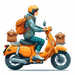 A young delivery person riding a moped.