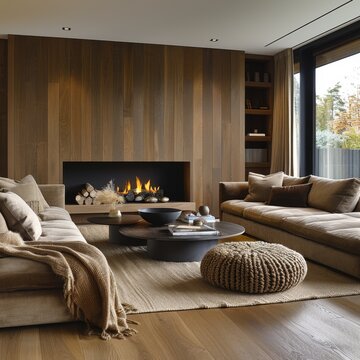 A warm and inviting living room with wood-paneled walls, a fireplace, and comfortable seating.