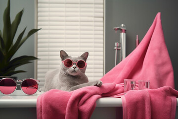 A pop inspo scene showcasing a cat with sunglasses and a pink towel, set against a silver and pink...