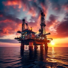 Fototapeta na wymiar Stunning sunset view of an offshore oil rig drilling platform in the North Sea