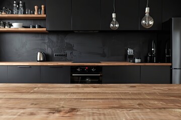 A copy space on a hardwood dining table in a modern black kitchen with kitchen appliances  - obrazy, fototapety, plakaty