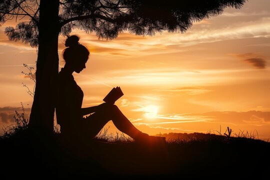girl reading book under tree at sunset