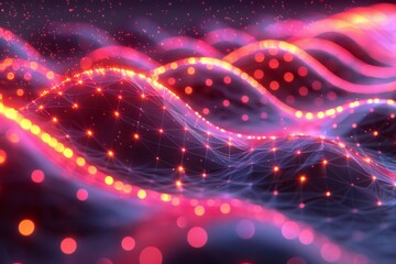 Pink and purple glowing 3D landscape with a network of glowing dots and lines.