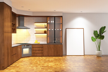 3d rendering interior of kitchen L shape with picture frame mockup. Wood parquet floor and light wood cabinet with flat ceiling. Set 8