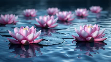 Foto op Canvas Pink water lilies floating on a calm lake with lily pads © charunwit