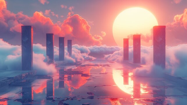 Pink cloudscape with large glowing moon and stone pillars