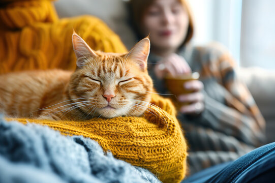 A cozy living room scene with a cat on a windowsill, sunlight streaming in, owner lounges nearby, tranquility of indoor pet ownership.
