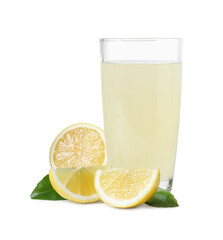 Refreshing lemon juice in glass, leaves and fruits isolated on white