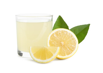Refreshing lemon juice in glass, leaves and fruit isolated on white