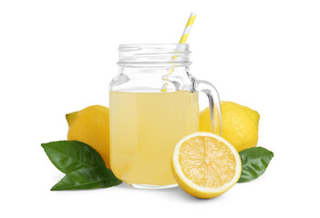 Refreshing lemon juice in mason jar, leaves and fruits isolated on white