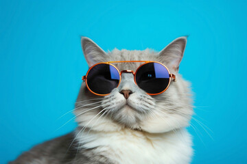 A hilarious cat in sunglasses and the latest fashion, stealing the show against a striking blue background with its playful antics.