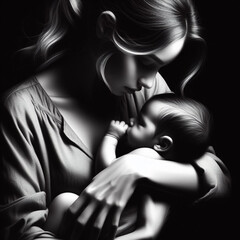 Mother's Day  woman posing for photo Mother and Baby Black and white portrait of a young woman holding a baby, sharing a tender moment. Generative Ai