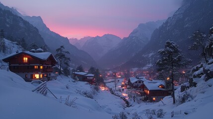A beautiful winter mountain landscape with snow-covered houses and trees. - obrazy, fototapety, plakaty