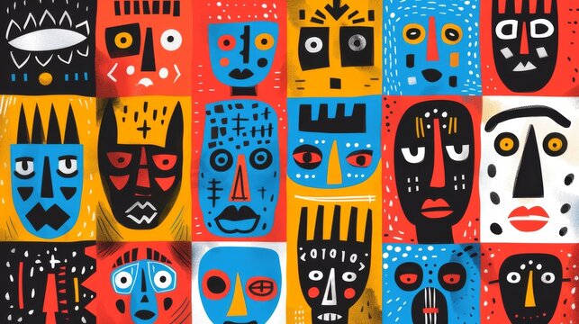 A collage of colorful African masks with different patterns and bright colors.