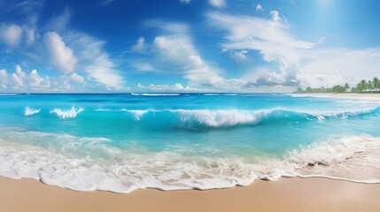 Fototapeta premium Tropical beach panorama as summer landscape with beach swing or hammock and white sand and calm sea for beach banner.