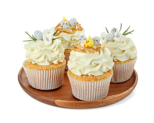 Tasty Easter cupcakes with vanilla cream isolated on white