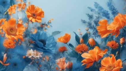 A dreamy floral arrangement featuring vivid orange poppies and contrasting blue flowers on a serene blue backdrop