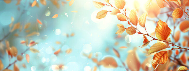 Autumn background with bokeh defocused lights and falling leaves. Nature banner