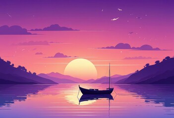 A serene boat glides on water, framed by a mesmerizing purple sky, creating a captivating scene