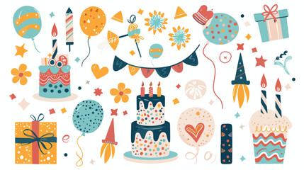 Birthday celebration decorative stickers set. Festive