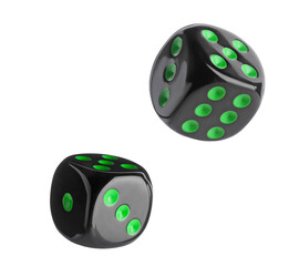 Two black dice in air on white background