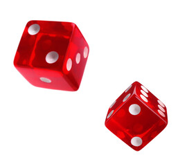 Two red dice in air on white background