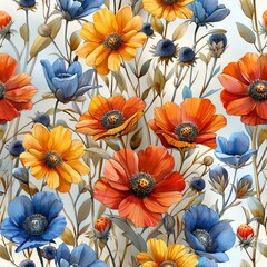 Watercolor illustration of colorful wild flowers in a seamless pattern.