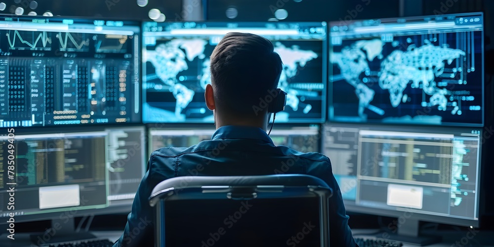 Poster cybersecurity analyst monitoring digital infrastructure for potential threats on multiple screens