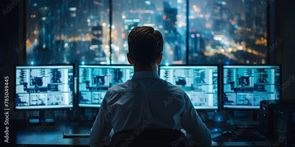 Poster cybersecurity expert analyzing network traffic on multiple displays for potential security breaches 