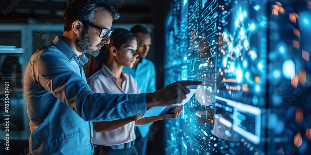 Poster business team reviewing digital encryption protocols for enhanced data security and it infrastructur
