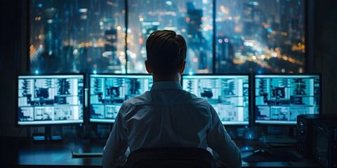 Cybersecurity Expert Analyzing Network Traffic on Multiple Displays for Potential Security Breaches in the Digital Workplace