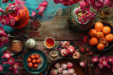 Flat lay Chinese new year food and drink still life - obrazy, fototapety, plakaty