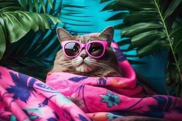 A cute cat wearing a towel and sunglasses, nestled in a vibrant pink towel, surrounded by tropical leaves against a pop inspo backdrop. - obrazy, fototapety, plakaty