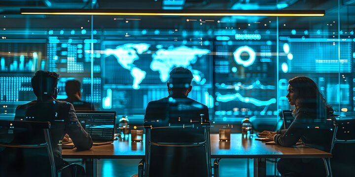 Cybersecurity Incident Response Team Strategizing to Mitigate Data Breach in Conference Room with Advanced Technology Displays