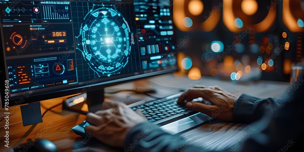 Poster cybersecurity risk assessment and mitigation strategies reviewed by executives on digital dashboard 