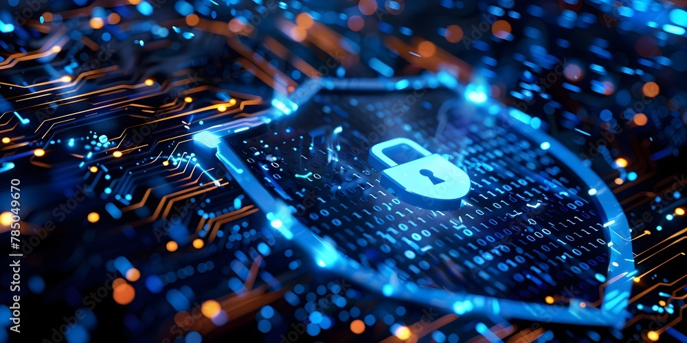 Poster an abstract digital shield icon displayed on a computer screen representing the concept of cybersecu