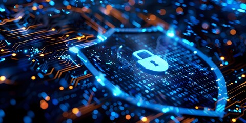 An abstract digital shield icon displayed on a computer screen representing the concept of cybersecurity and antivirus protection