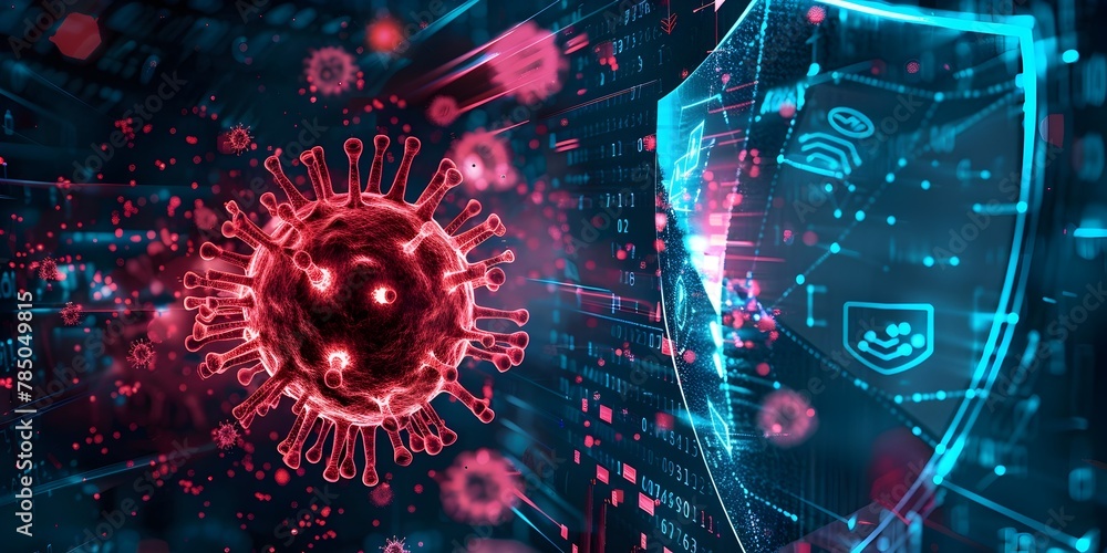 Poster digital of a shield deflecting cyber threats viruses hackers and spam emails