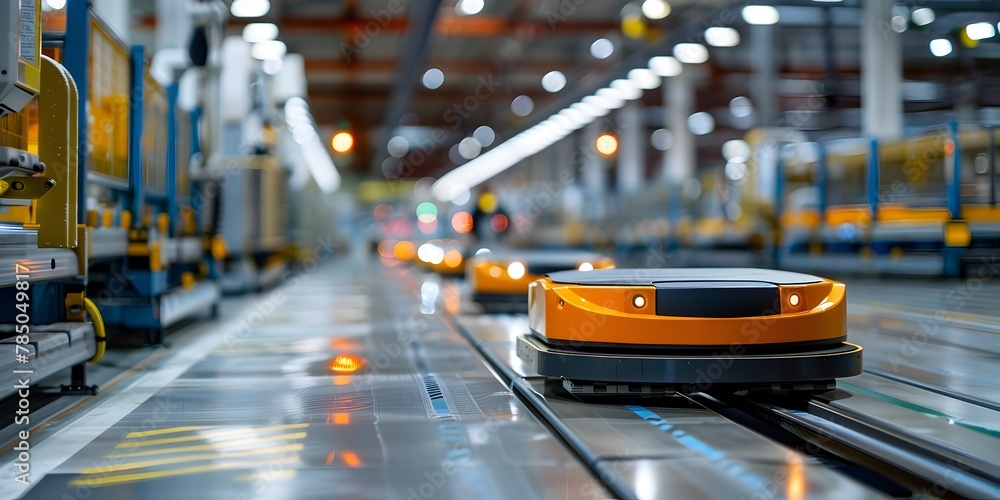 Poster automated guided vehicles with safety sensors shielding workers in a modern factory setting
